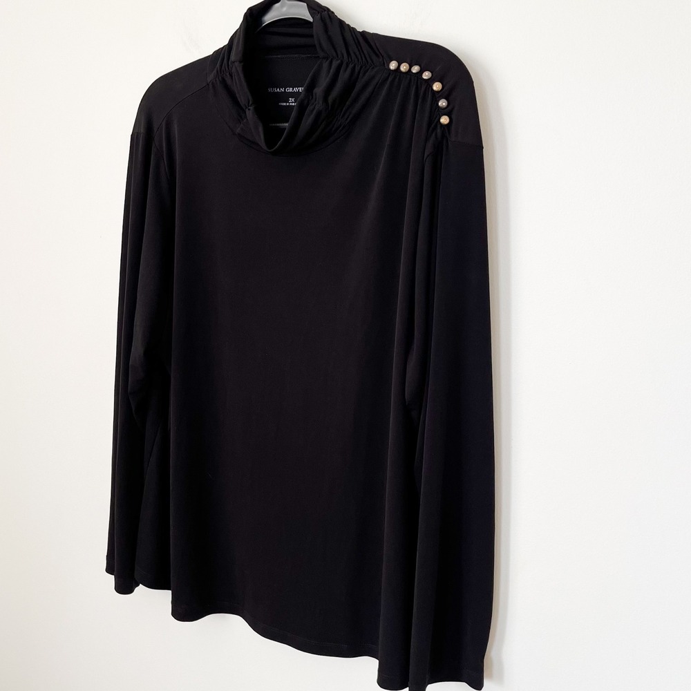 Susan Graver Liquid Knit Long Sleeve Mock Neck Top Black Womens 2X
